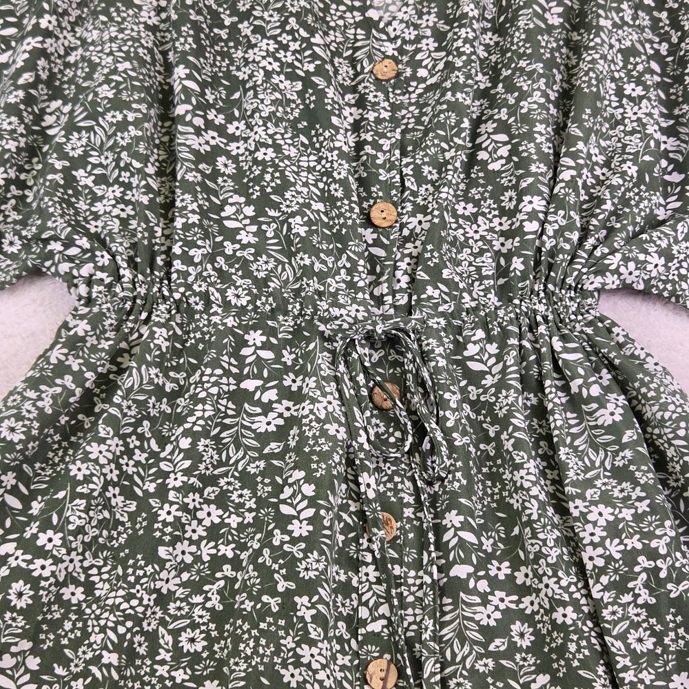 C+D+M Collection Green Floral Button Front Midi Dress Small Kimono Sleeve Boho - Picture 5 of 8